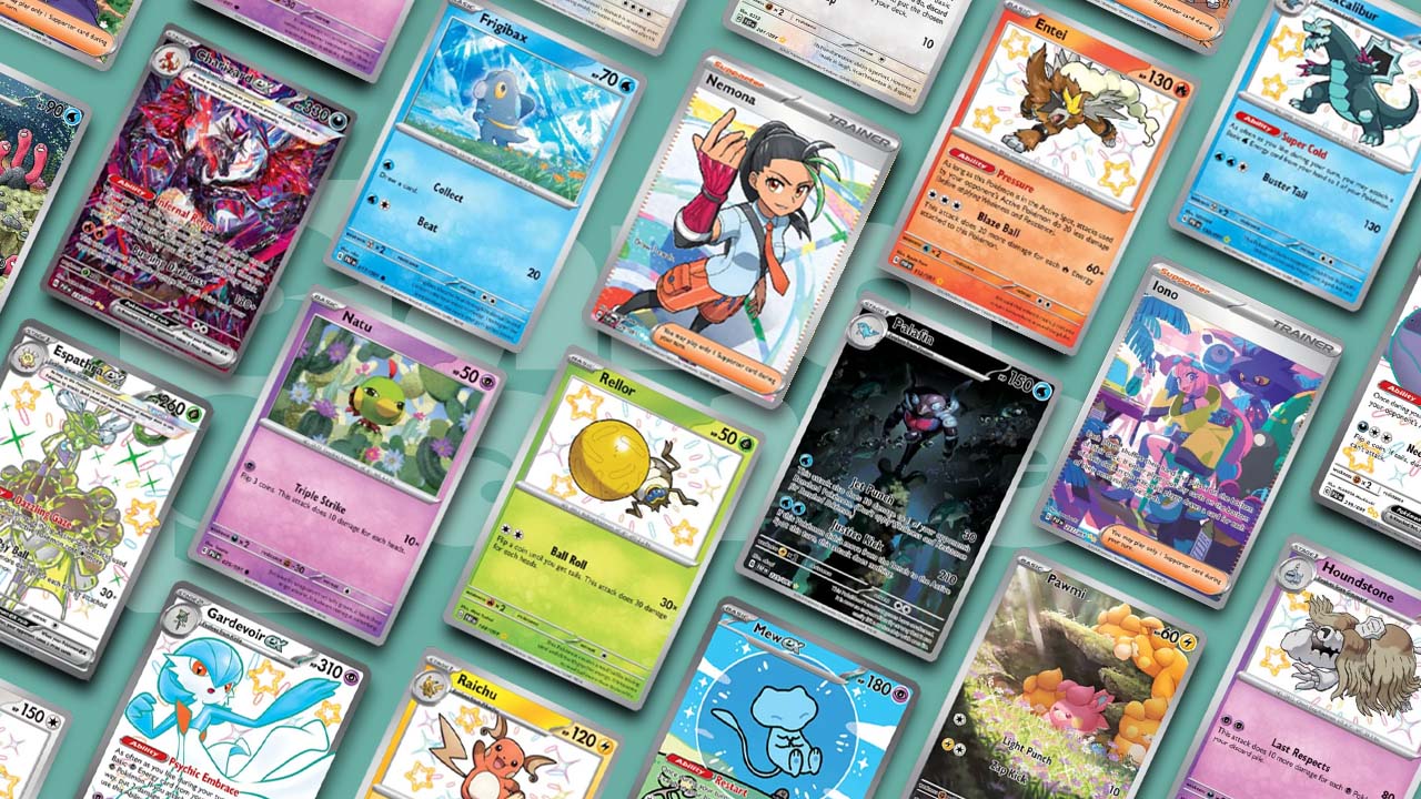 Pokemon Paldean Fates Cards displayed on the Card Gamer background