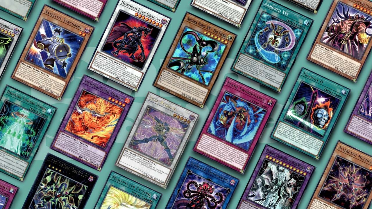 Yu-Gi-Oh Maze of Millennia Card List - sample selection of cards on the Card Gamer background