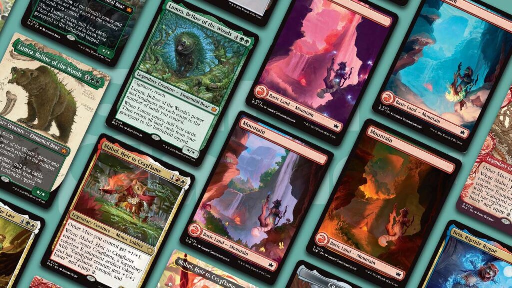 The MTG Bloomburrow Card List so far, displayed on the Card Gamer background