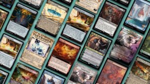 A selection of MTG Outlaws Of Thunder Junction cards on the Card Gamer background