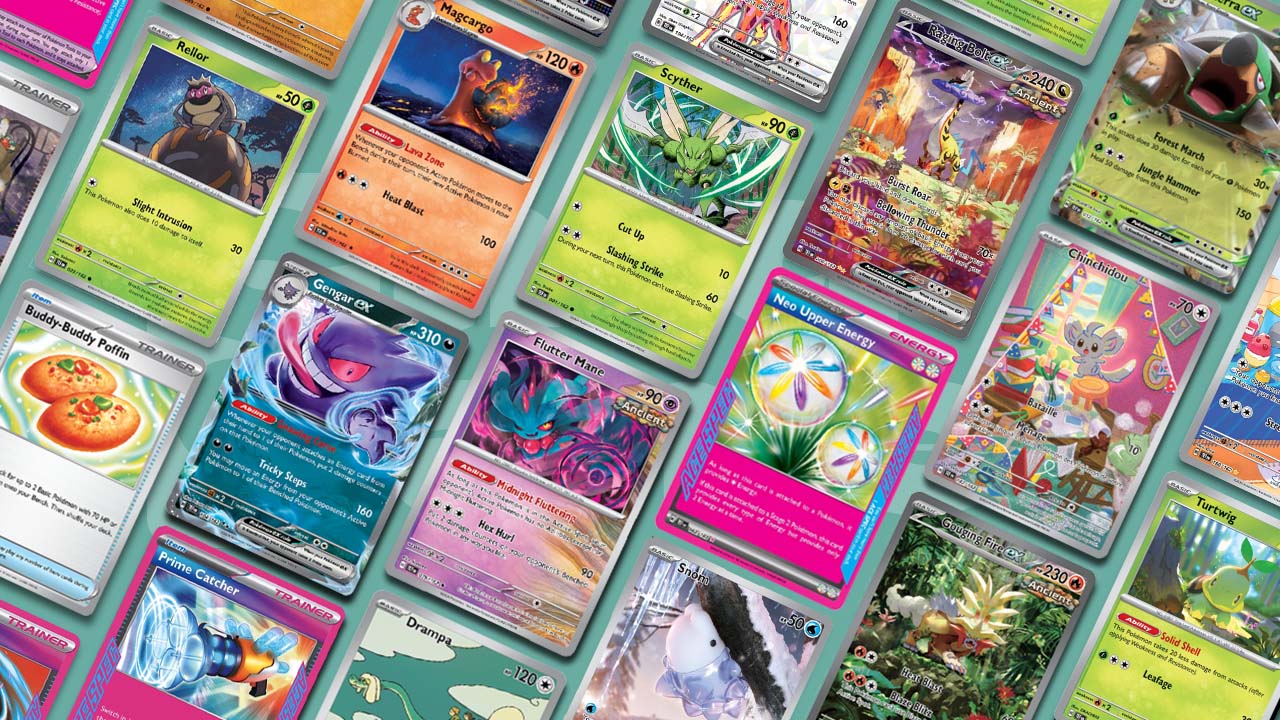 A selection of Pokemon Cards from the Pokemon Temporal Forces Card set on the Card gamer background
