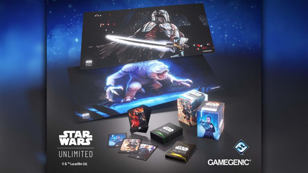 Star Wars Unlimited: Shadows Of The Galaxy Set Details, showing two character themed play mats and some card boxes
