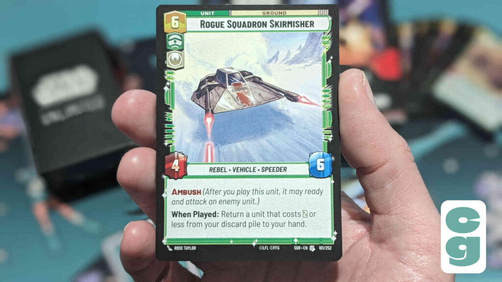 Star Wars Unlimited card showcasing what Ambush means. There is a Rogue Squadron Skirmisher on the artwork