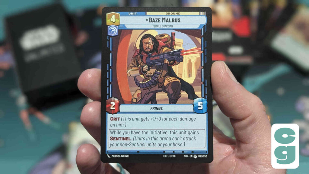 Star Wars Unlimited card with Baze Malbus artwork. The card explains what the keyword Grit does