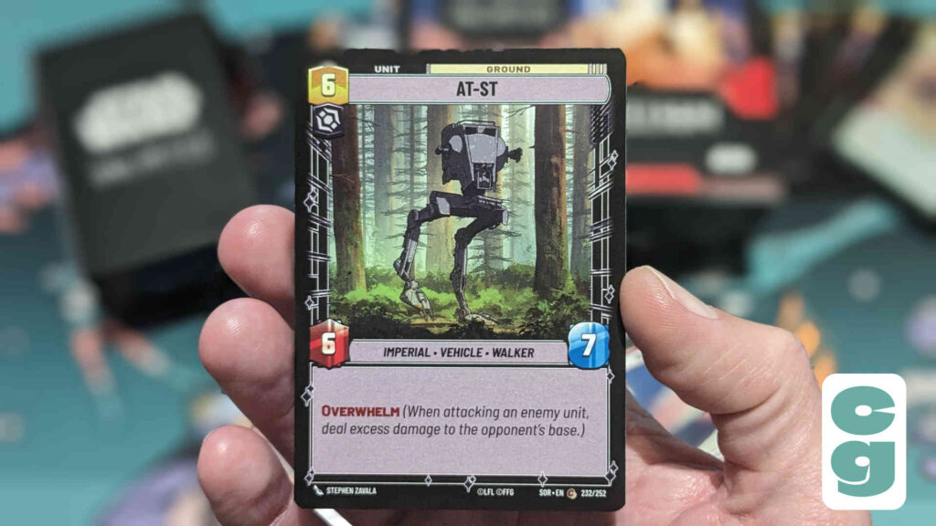 Star Wars Unlimited card bearing artwork of an AT-ST. The card explains what Overwhelm does in battle.