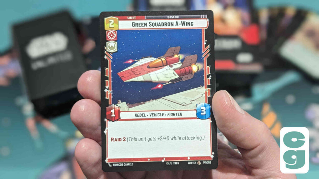 Card showing a Green Squadron A-Wing as well as explaining what Raid does in battle