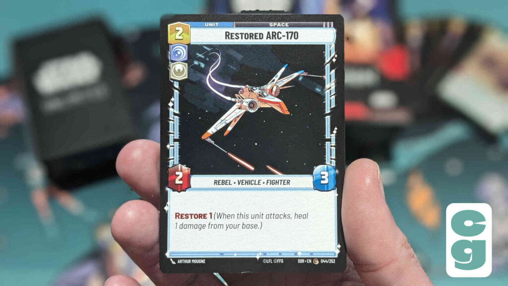 A card from the Star Wars Unlimited range with a Restored Arc-170 craft on the artwork. The card explains what Restore does