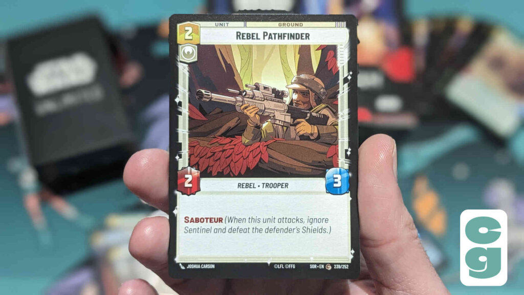 Card with an image of a Rebel Pathfinder and an explanation as to what the keyword Saboteur means.
