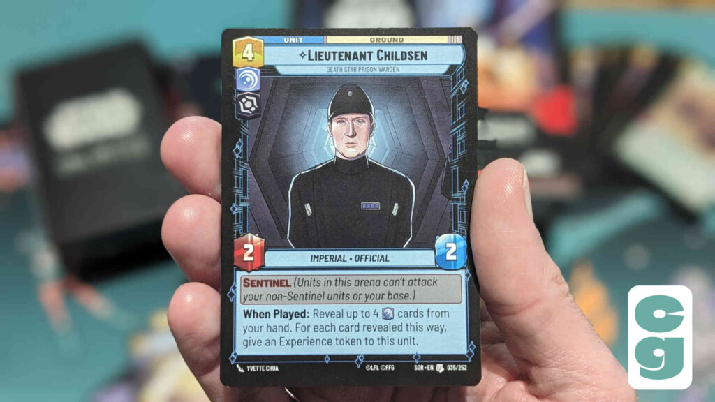 Artwork on a Star Wars Unlimited card showing Lieutenant Childsen. The card explains what happens when you play it and what Sentinel means.