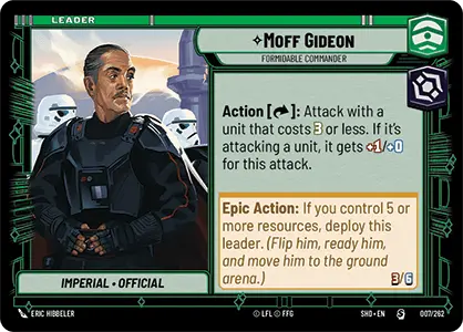 Moff Gideon Leader Front from Star Wars Unlimited: Shadows Of The Galaxy Card List