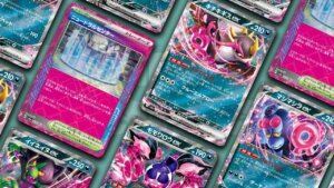 Pokemon TCG Set Night Wanderer cards on the Card Gamer background