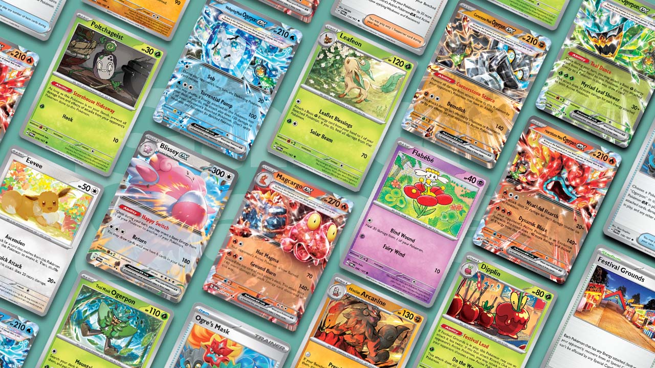 Pokemon Twilight Masquerade Card List (So Far) arranged on the Card Gamer background