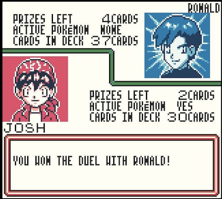 A match from the Pokémon TCG, wherein the main character, Josh, faces off against rival and primary antagonist Ronald.