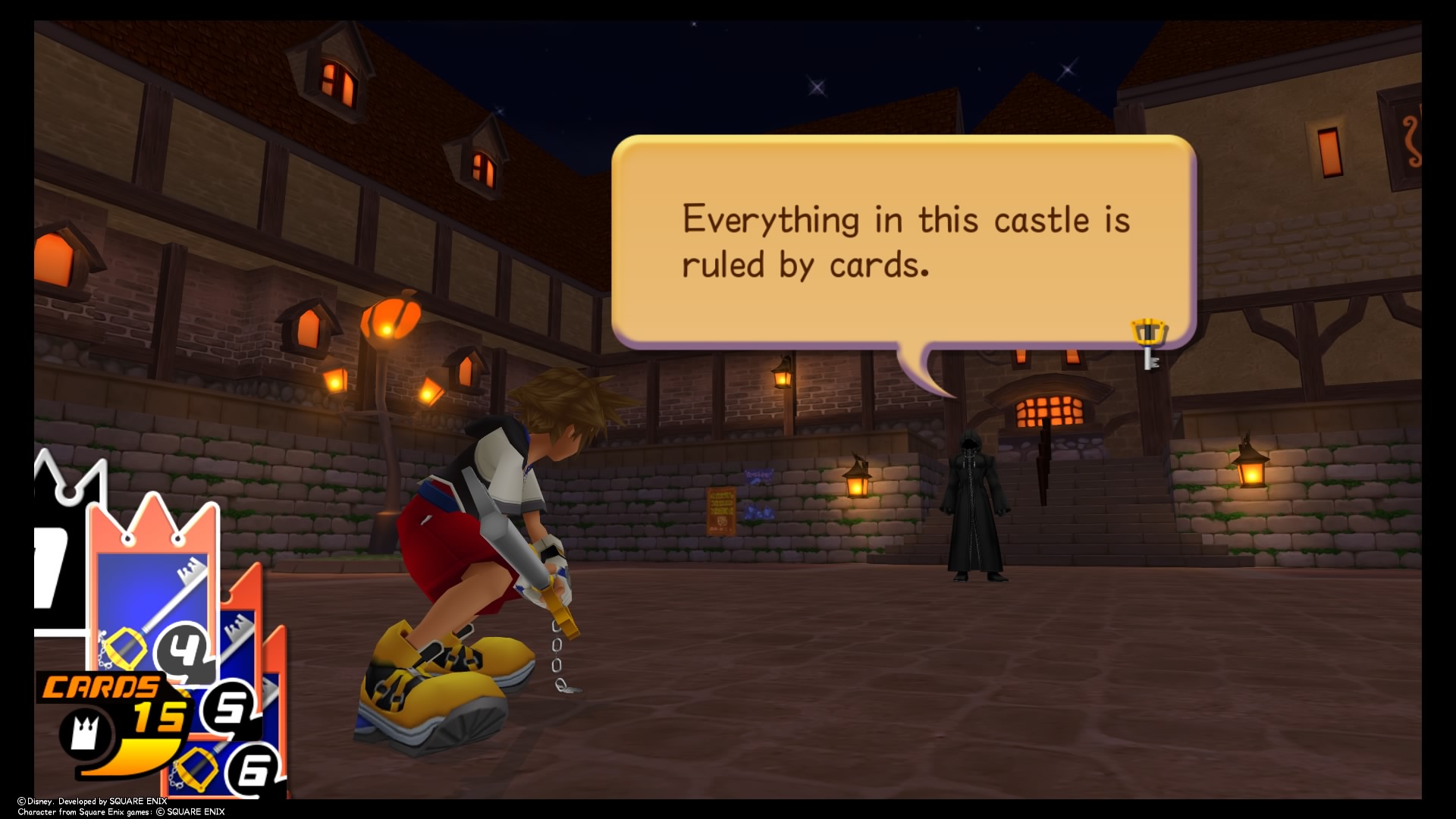 Just as our distant, black-hooded Organization XIII antagonist says, everything in Kingdom Hearts: Re:Chain of Memories is ruled by cards. Credit: Disney Interactive and Square Enix