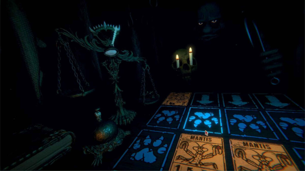 A dark screenshot of the main board and your opponent in Inscryption.