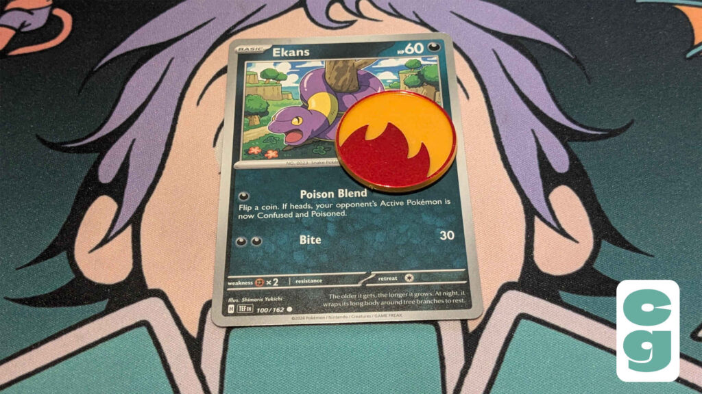 A Pokemon card with a counter to show its Burned status