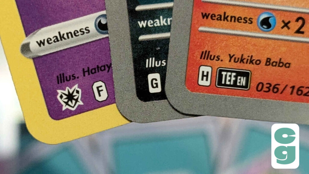 A close up of Pokémon cards showing the F, G and H regulation marks