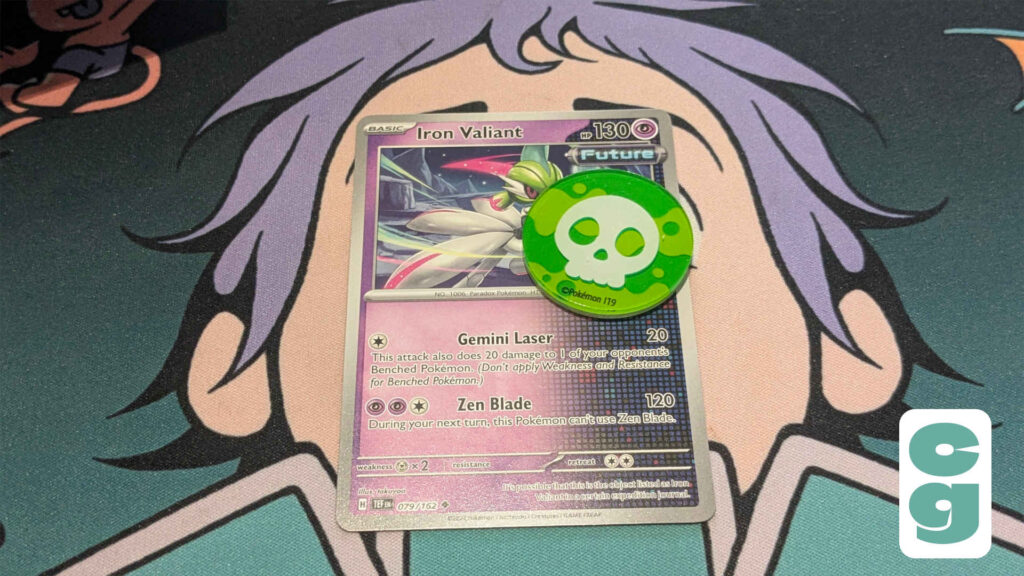 A Pokemon card with a counter to show its Poisoned status