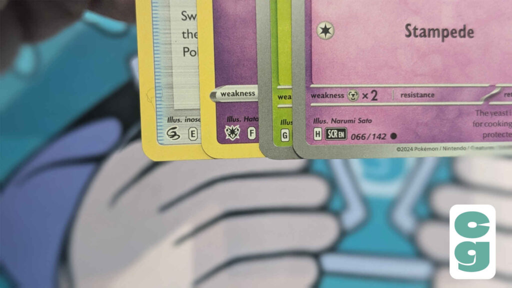 Pokémon Cards showing the E, F, G and H regulation marks