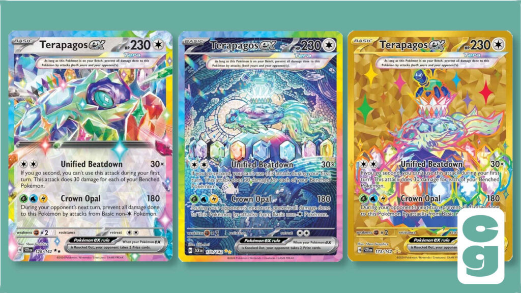 Terapagos ex Stellar Pokemon cards, in a row of three variants