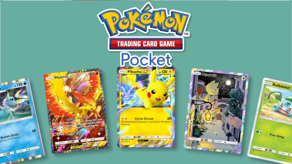 Pokémon TCG Pocket app logo and a selection of cards, fanned across the screen