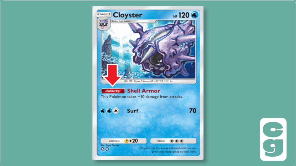 The Cloyster card from Pokémon TCG Pocket, with its Ability pointed out