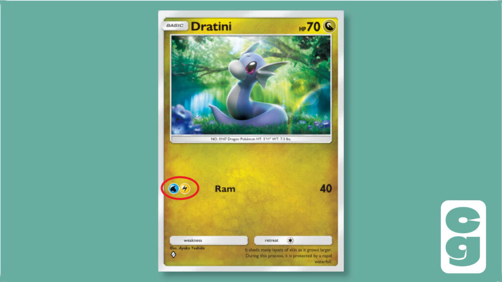 The Dratini card from Pokemon TCG Pocket. Its attack Energy requirements are circled.