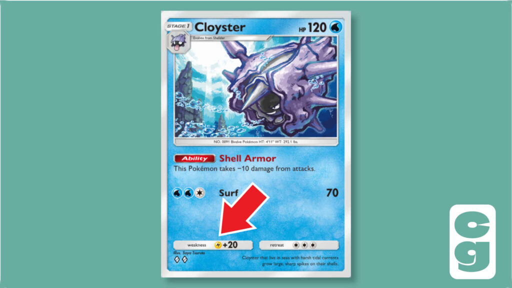 The Cloyster card from Pokémon TCG Pocket, with its Weakness pointed out