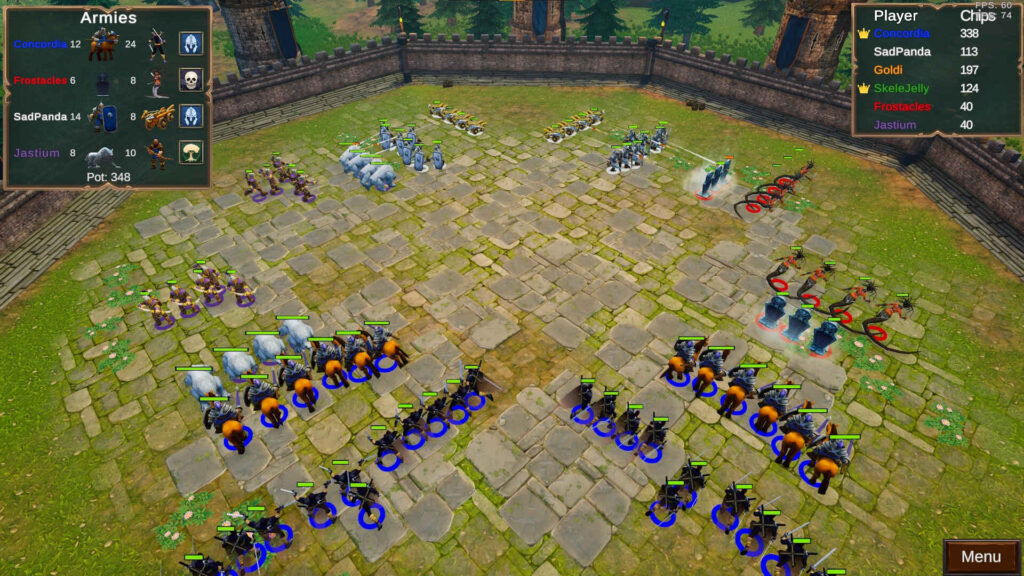 A screenshot showing a round of Poker Warlords taking place, with units in battle