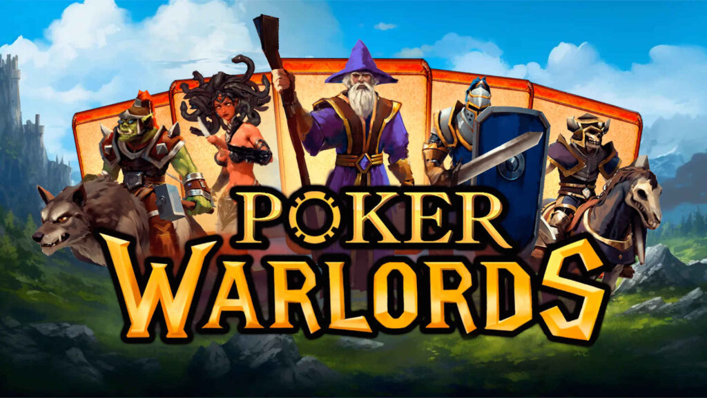 Poker Warlords cover art, showing the logo, with fantasy characters and a landscape and blue sky background