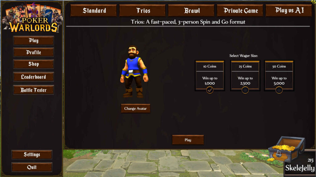 A menu page showing a player's avatar in Poker Warlords