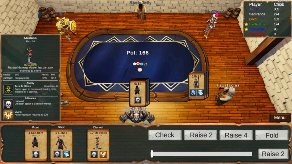 A screenshot showing a round of Poker Warlords taking place, with players betting as they receive their cards.