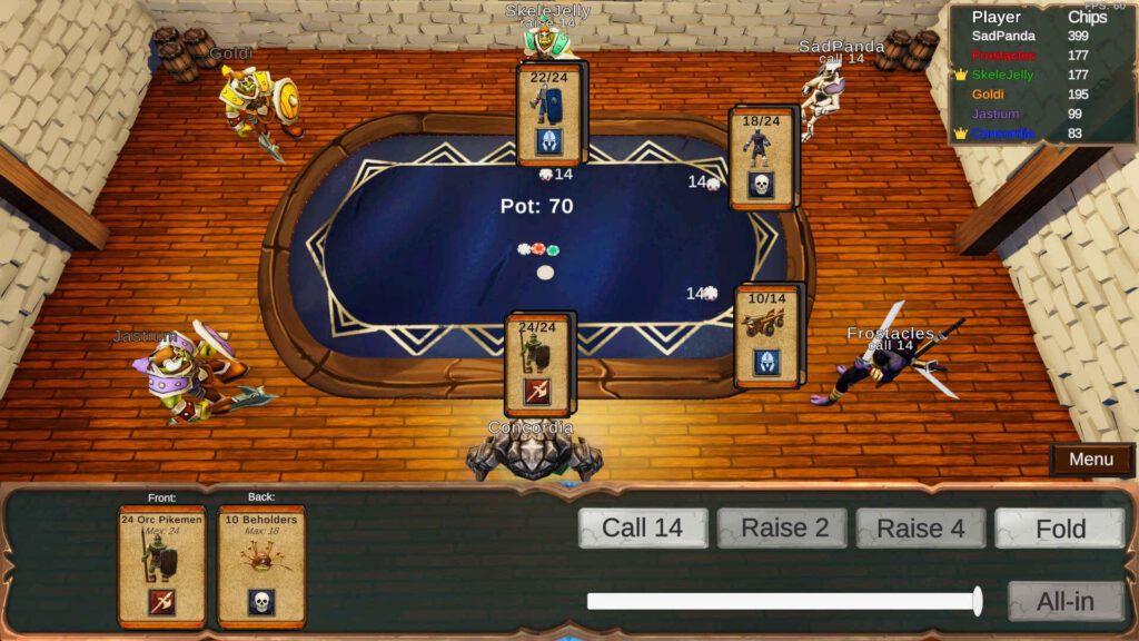 A screenshot showing a round of Poker Warlords taking place, with players betting as they receive their cards.