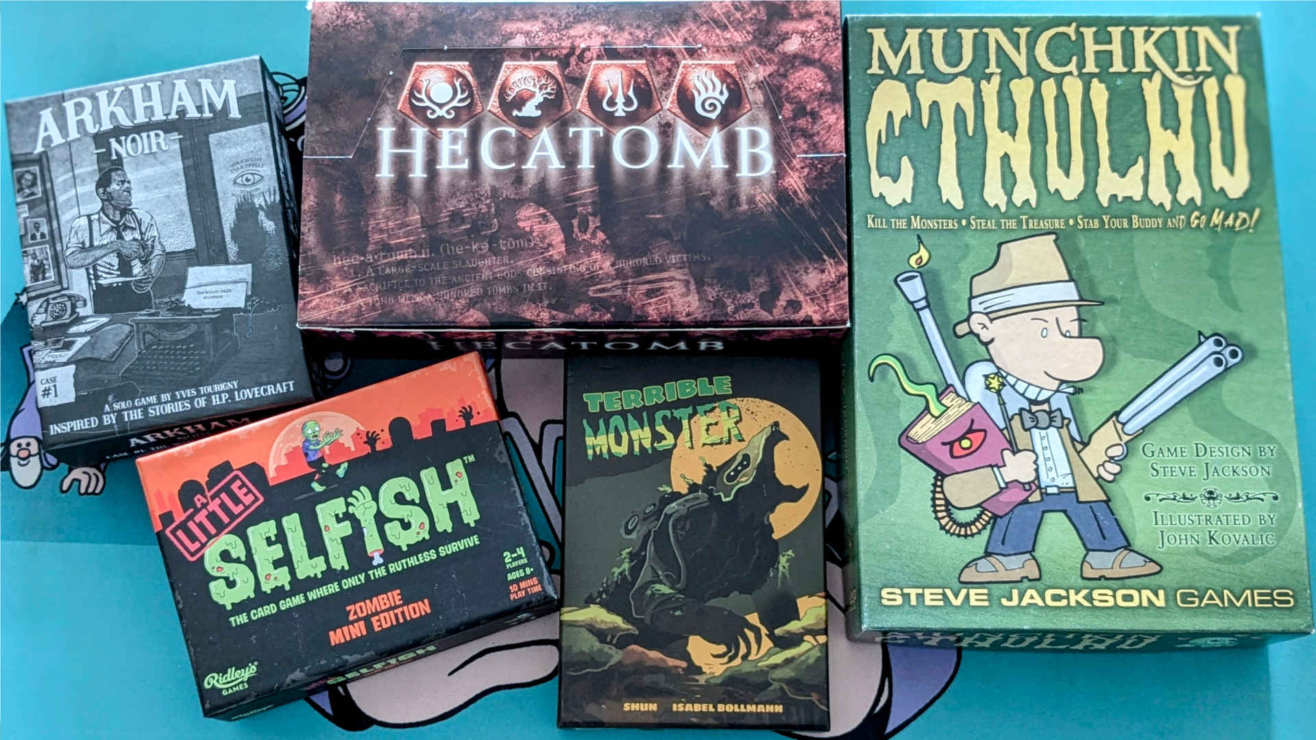 The boxes of Arkham Noir, Hecatomb, Munchkin Cthulhu, Terrible Monster and A Little Selfish: Zombie Edition