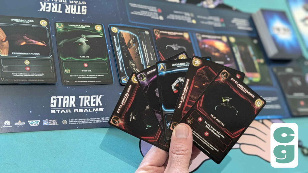 Star Trek Star Realms Gameplay Example, cards in hand and card row and board shown.