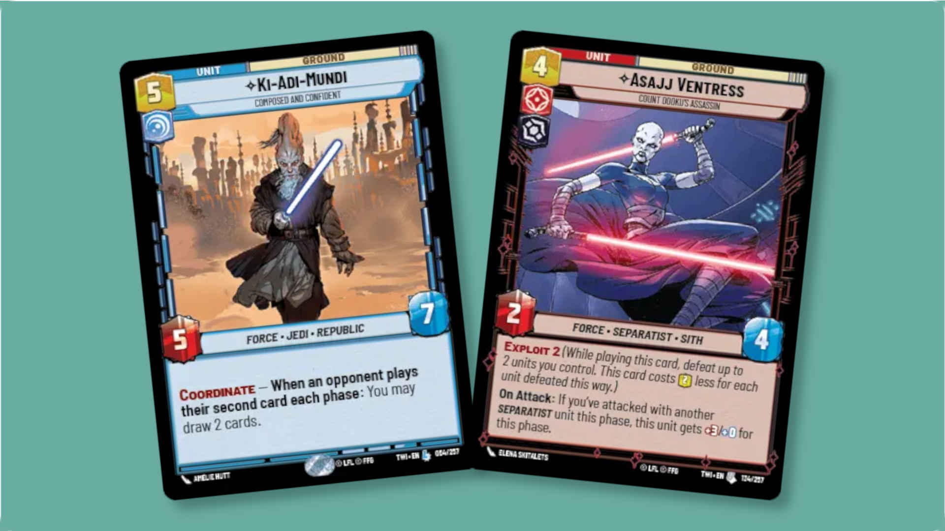 Two Star Wars Unlimited cards: Ki Adi Mundi on the left, and Asajj Ventress on the right