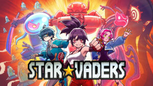The logo and art for StarVaders, featuring anime style characters assembled against a dramatic background