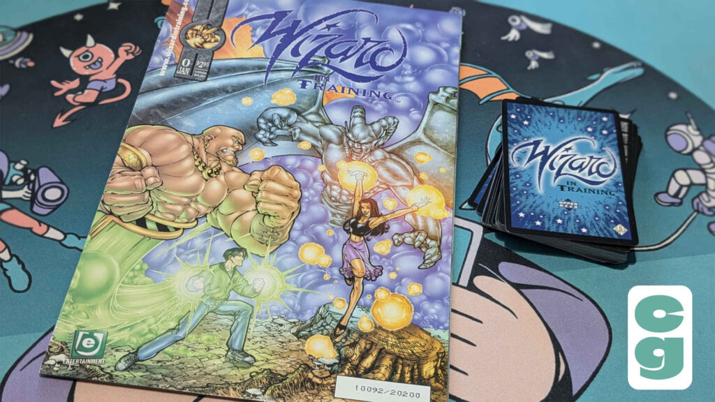 The Wizard In Training comic book on a playmat next to Wizard In Training cards