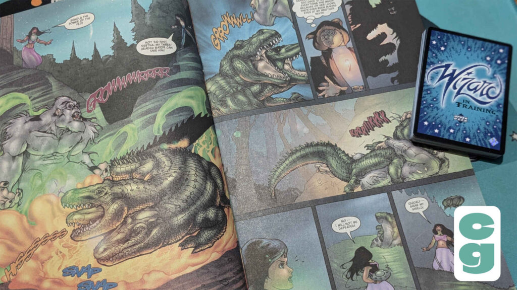 The interior of the Wizard In Training comic book, showcasing some excellent creature art, alongside a deck of the Wizard In Training cards