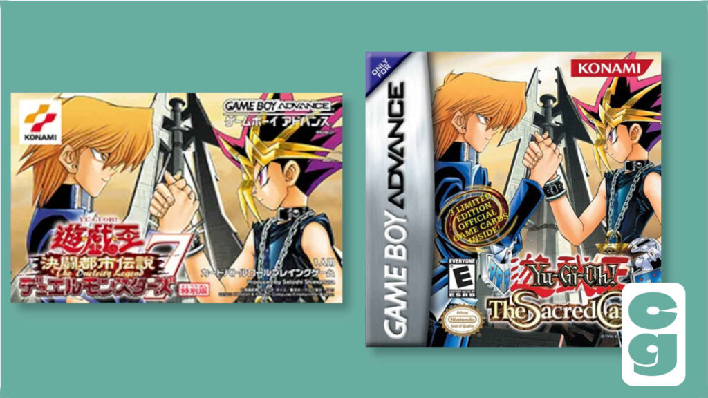 Japanese Yu-Gi-Oh Duel Monsters 7 box art and the US Sacred Cards box art