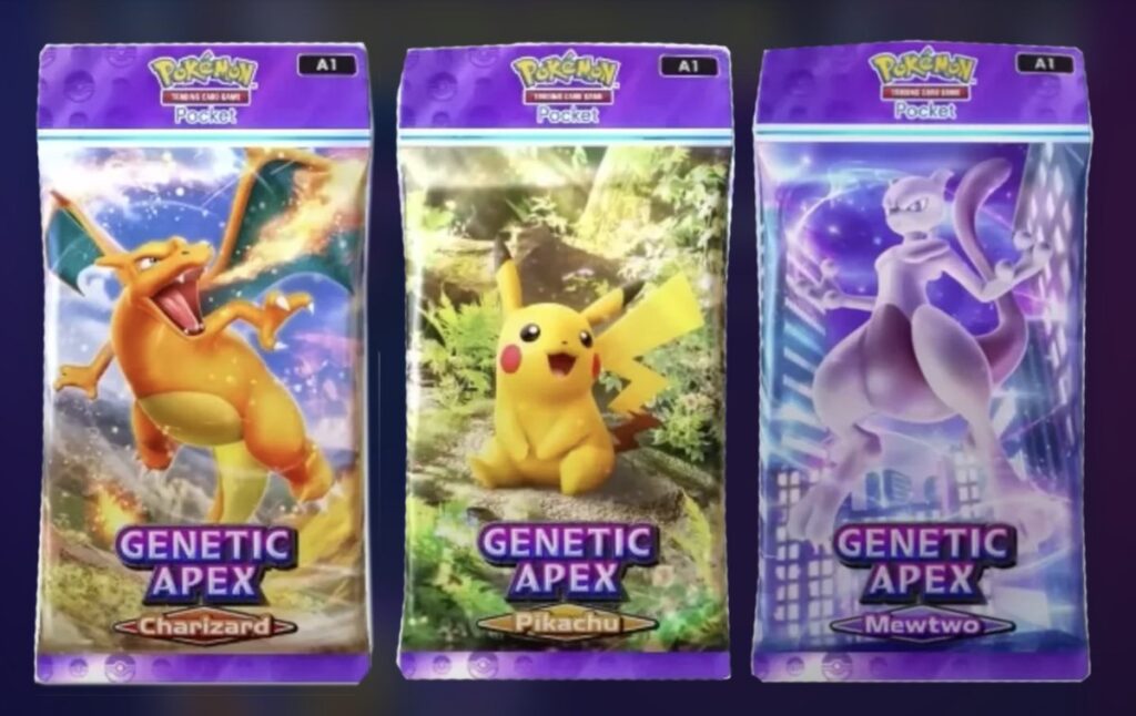 The three pack types for Genetic Apex, the first set for the Pokémon TCG Pocket app.