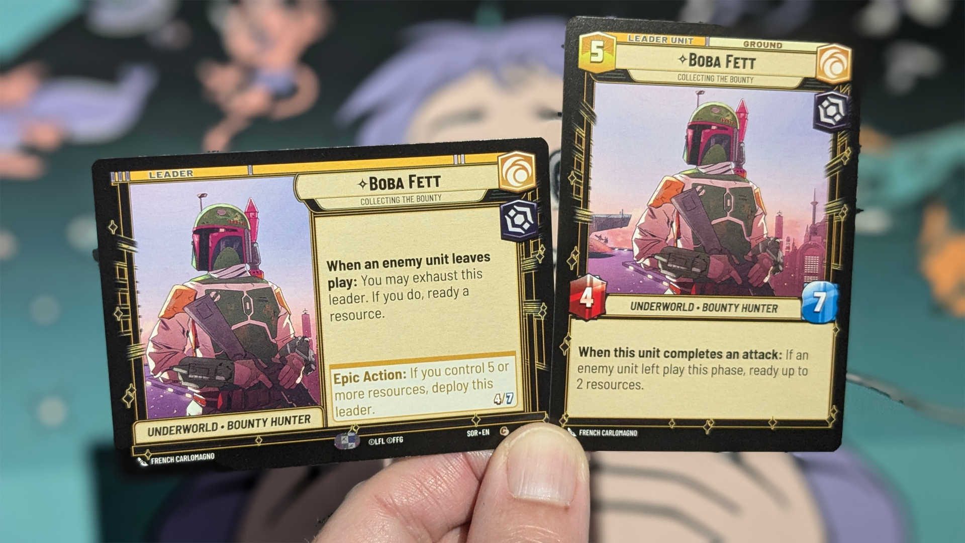 Boba Fett Leader card on both sides from Star Wars Unlimited