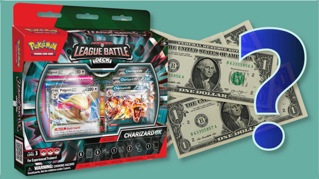 A Charizard ex Battle Deck with dollars and a question mark