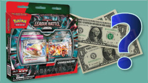 A Charizard ex Battle Deck with dollars and a question mark
