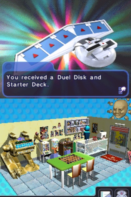 A screencap from Yu-Gi-Oh! Nightmare Troubadour. In it, the player receives their Duel Disk and a Starter Deck.