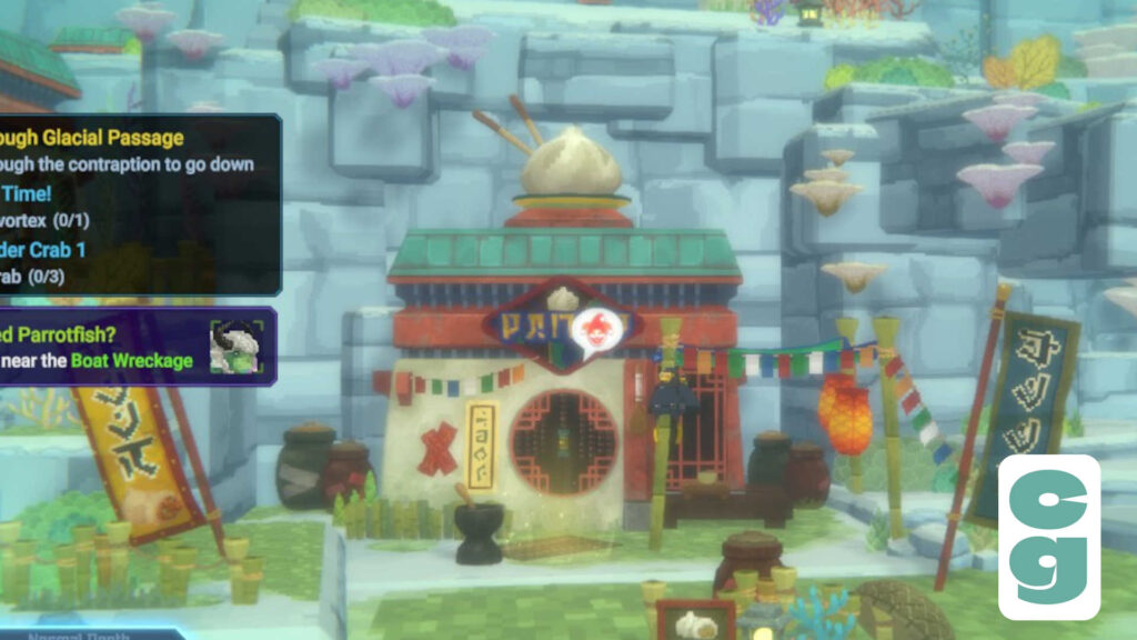 Dave the Diver Screenshot, showing a building in the Sea People Village, and the Jimbo speech bubble outside.