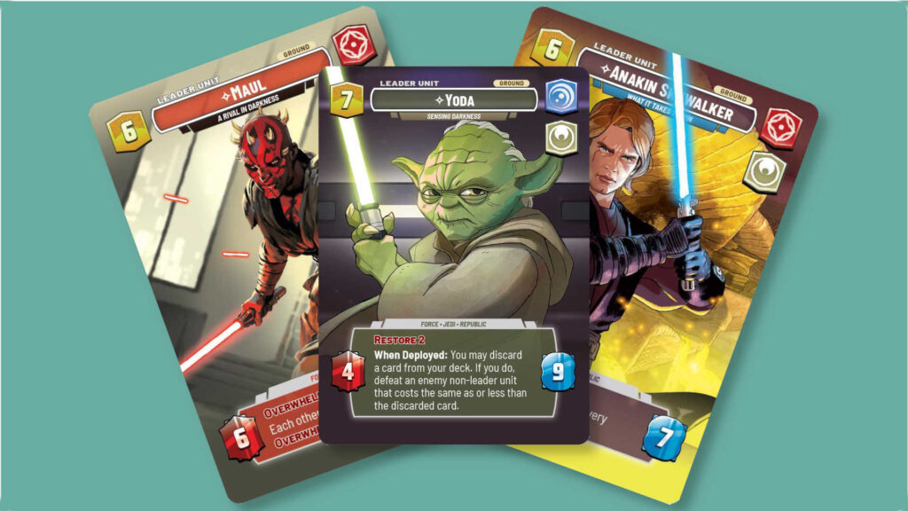 Three cards from Star Wars Unlimited, all on their unit side and in Showcase Rare variant forms: Maul, Yoda and Anakin