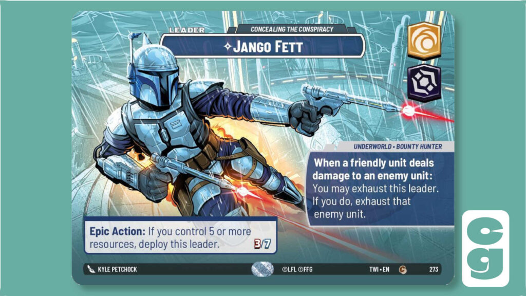 Jango Fett Showcase Leader Card from Star Wars Unlimited on its Leader side