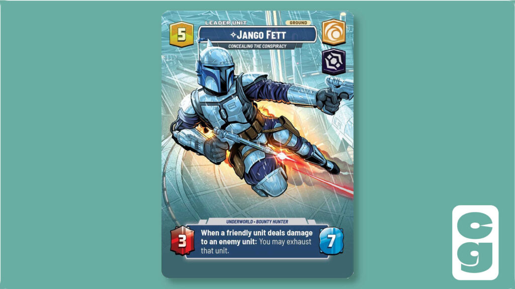 Jango Fett Showcase Leader Card from Star Wars Unlimited on its unit side