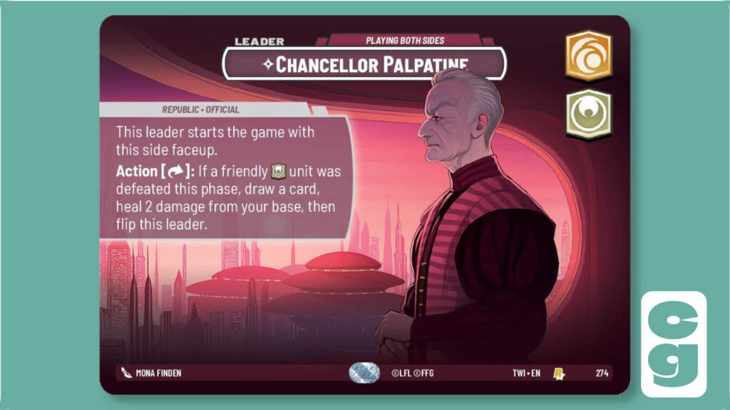 Palpatine Sidious Showcase Leader Card from Star Wars Unlimited on its Palpatine side